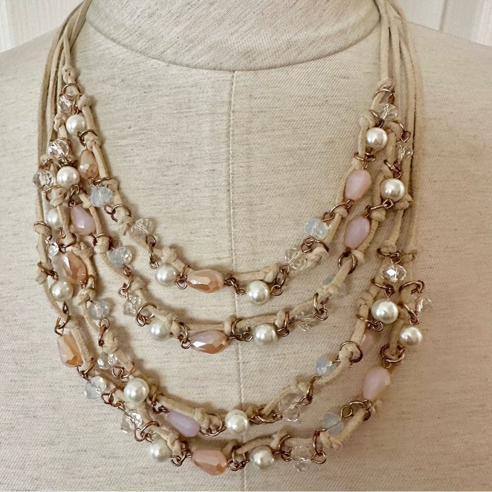 Brown cord beaded multi strand statement necklace